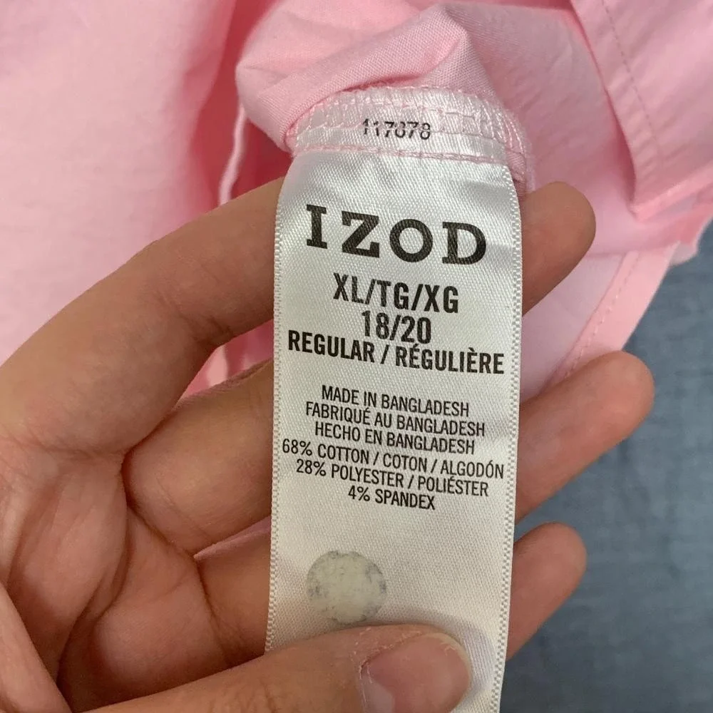 IZOD Dress Shirt Boys XL 18/20 Coral Pink Cotton Stretch Pocket Business Formal